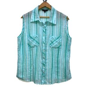 Cotton Ginny vintage lightweight cotton sleeveless shirt, aqua blue stripes, L